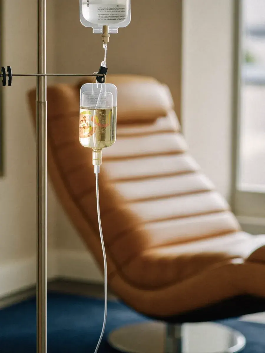 An IV infusion beside a tan recliner in the calm Stilwell Wellness Solutions infusion lounge.
