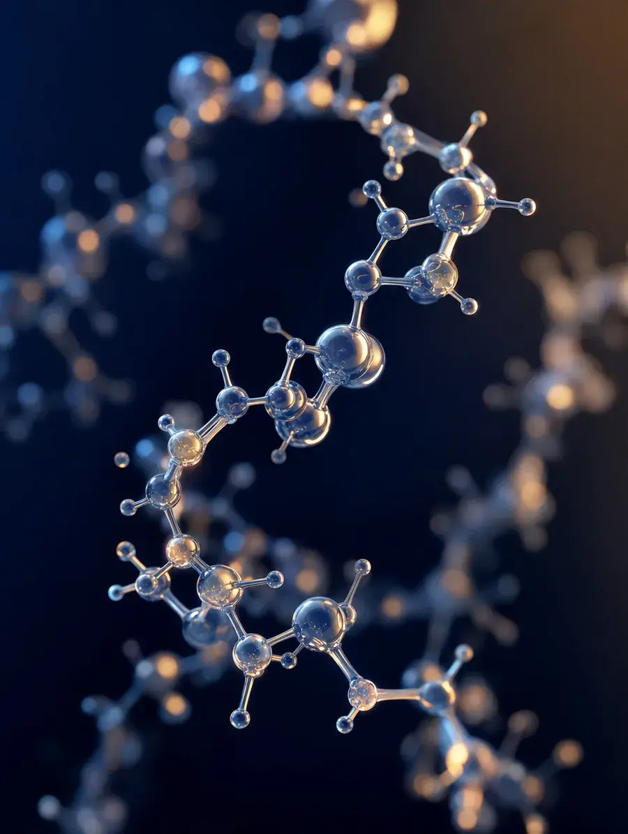 An elegant peptide molecular render in navy and champagne — Stilwell Wellness Solutions peptide therapy.