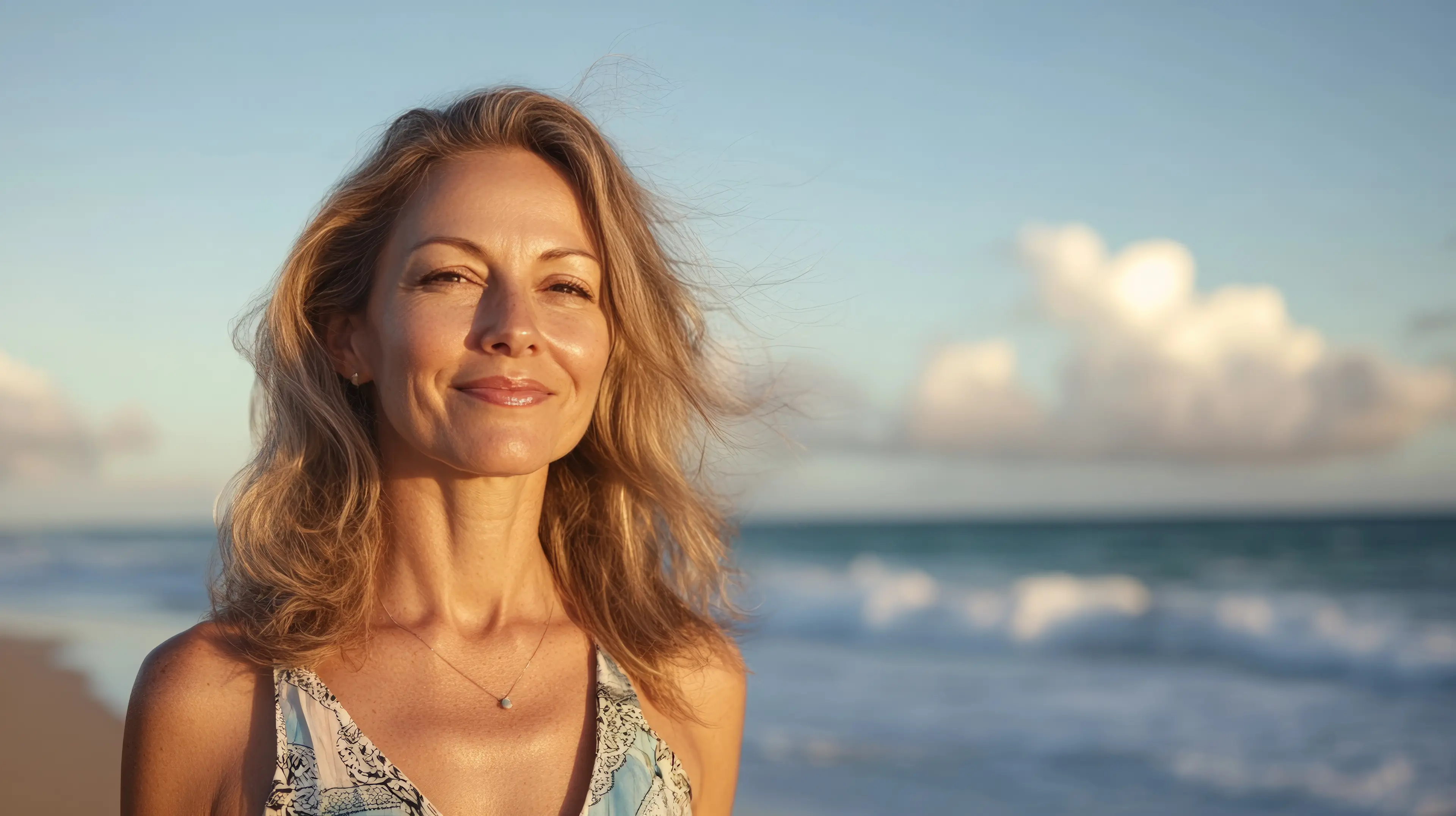 A woman enjoying the coast in warm evening light.